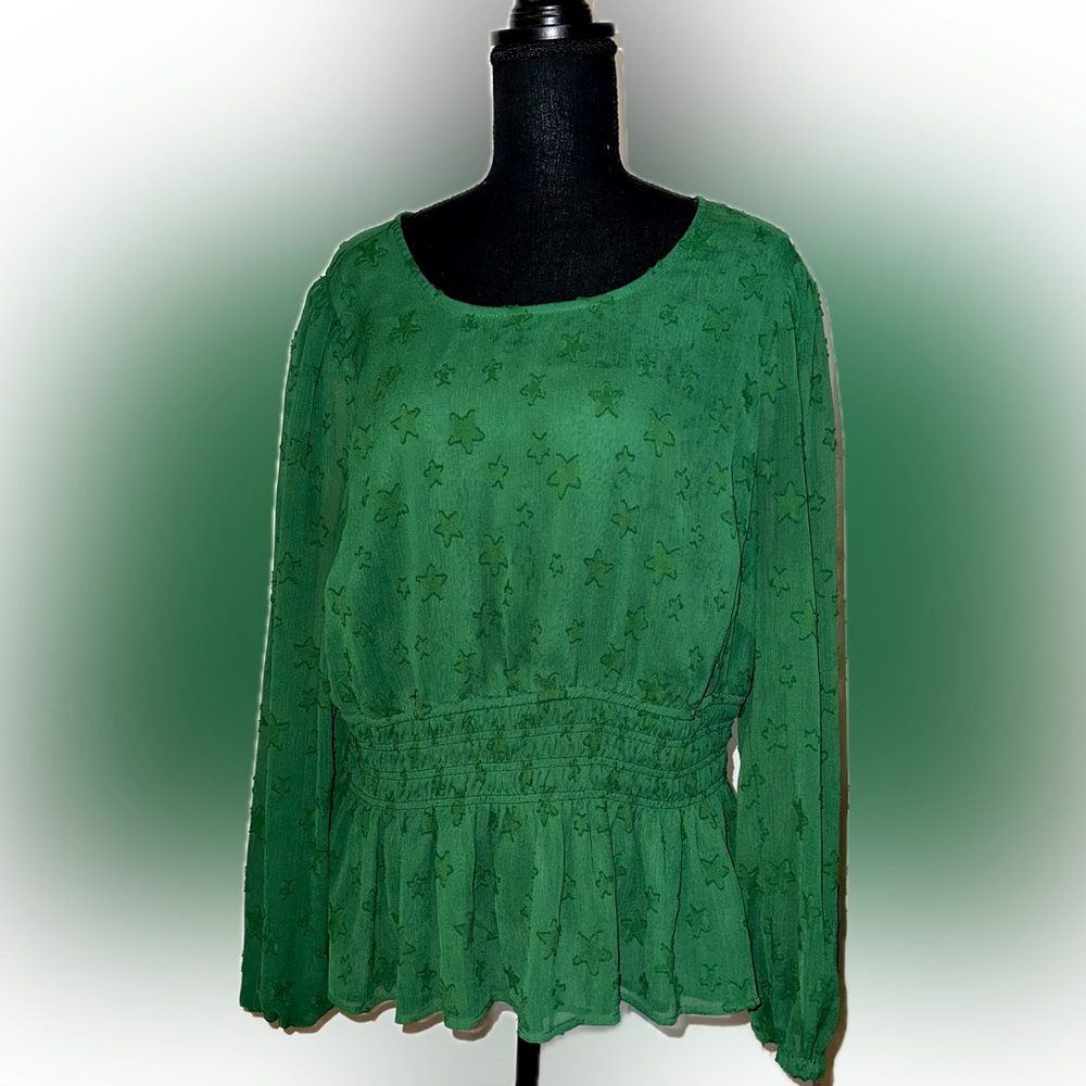 Green Long Sleeve Torrid Peplum Blouse with Star Details